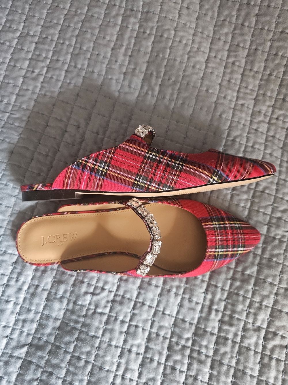 J. Crew Red Plaid Jeweled Pointed-Toe Mules